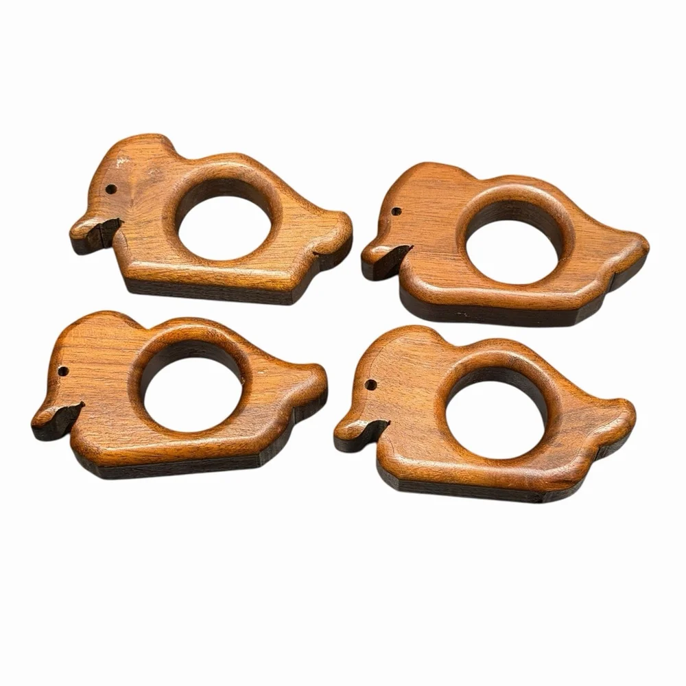 VTG Set Of 4 Bird/Duck Napkin Rings Hand Carved Wood Rustic‎ Artisan Cottage
